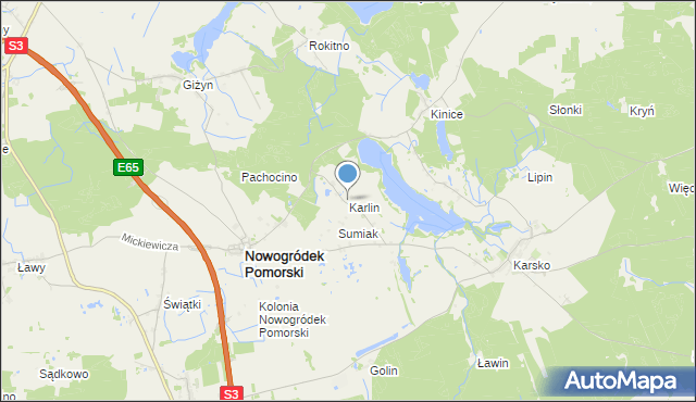 mapa Karlin, Karlin gmina Nowogródek Pomorski na mapie Targeo